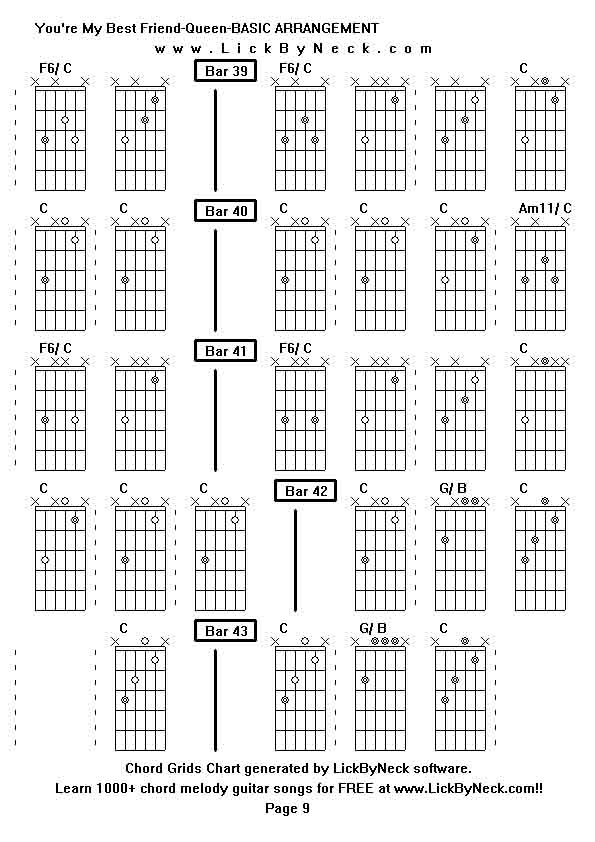 Chord Grids Chart of chord melody fingerstyle guitar song-You're My Best Friend-Queen-BASIC ARRANGEMENT,generated by LickByNeck software.